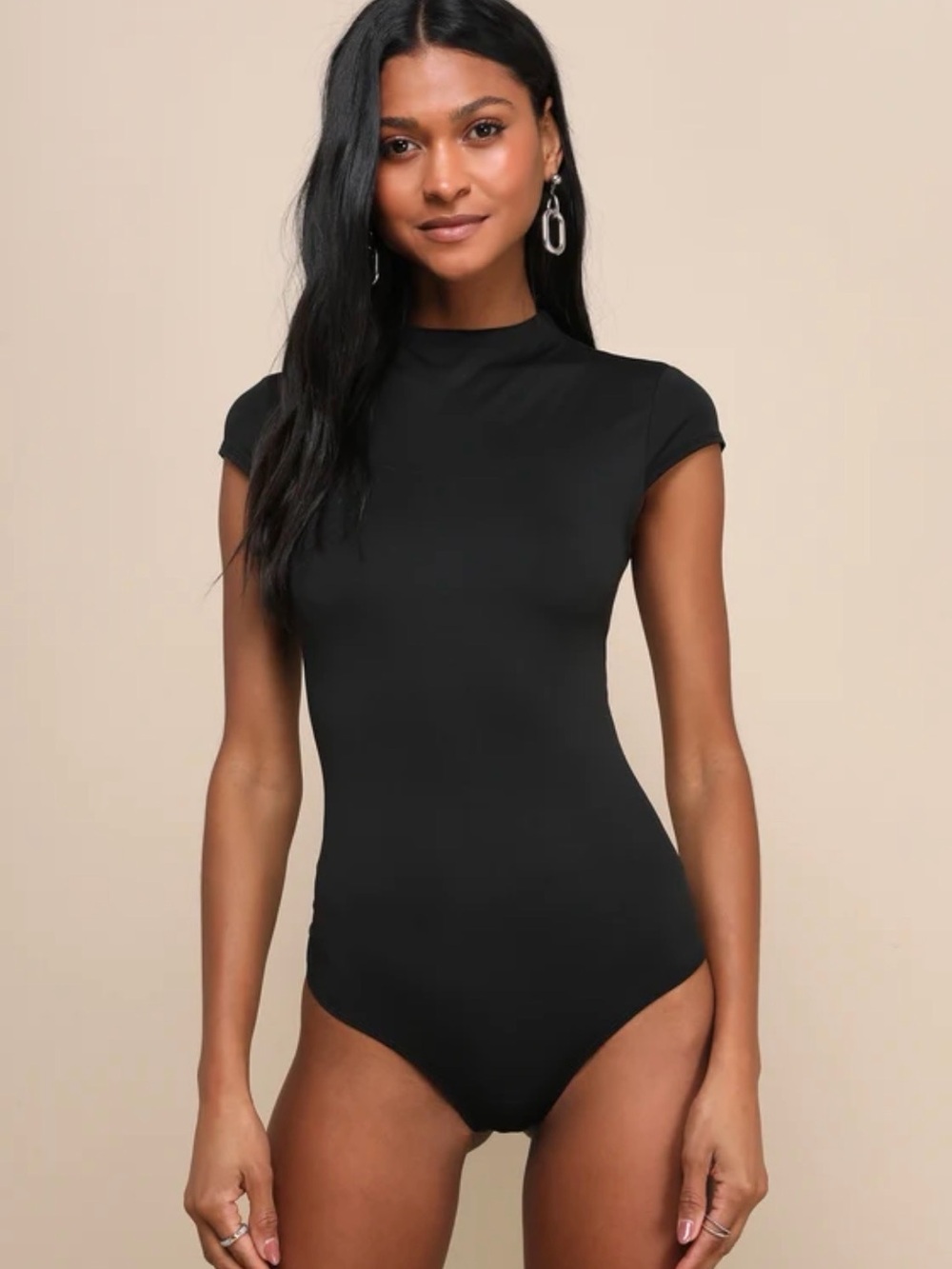 Lulu's Black Cap-Sleeve Mock Neck Bodysuit